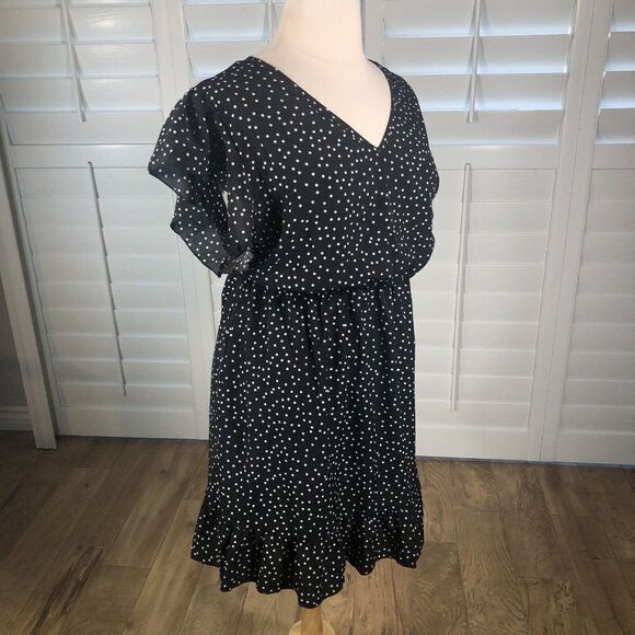 Black Polka Dot Dress Plus 4XL V Neck Flutter Blouson Lightweight Spring - Picture 2 of 11